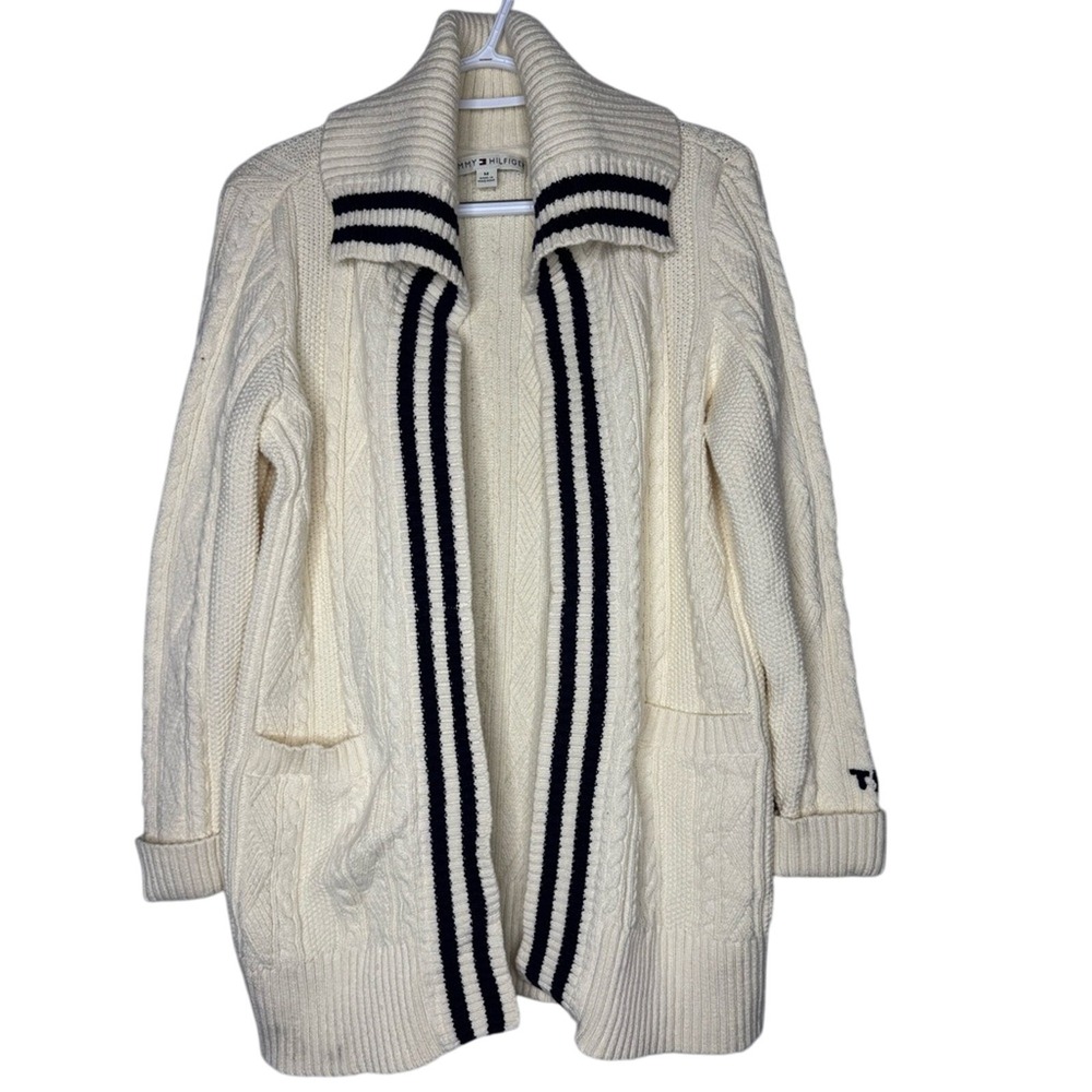 Tommy Hilfiger Womens Cable Knit Open Cardigan Varsity Stripe Preppy Ivy League - Picture 3 of 9